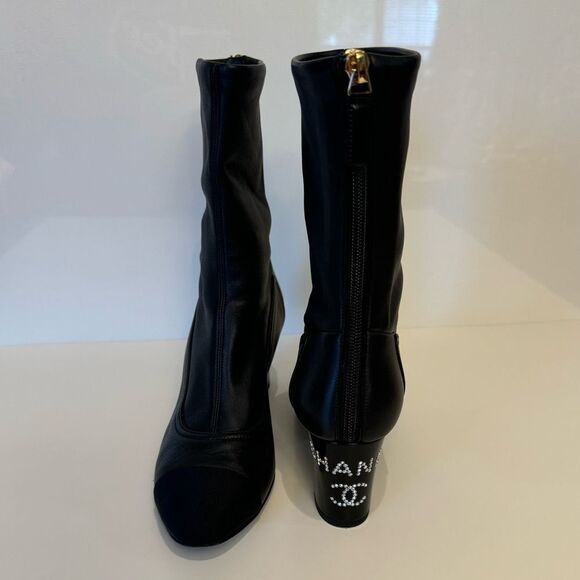 RARE Chanel Lambskin Rhinestone Logo Heeled Boots EU 37 US 6.5 KarlLagerfeld Era - Picture 4 of 17